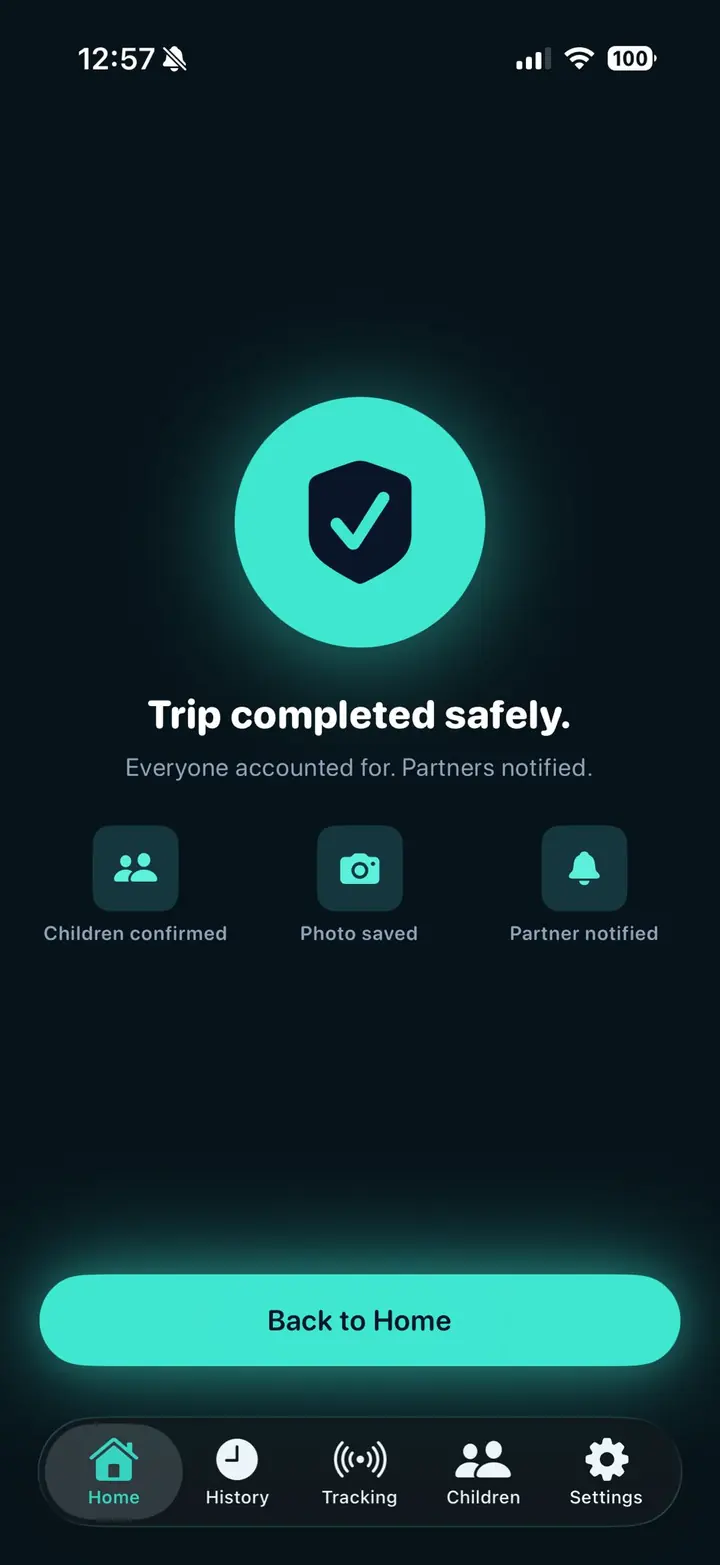 SafeStop trip complete screen confirming children and partner notification